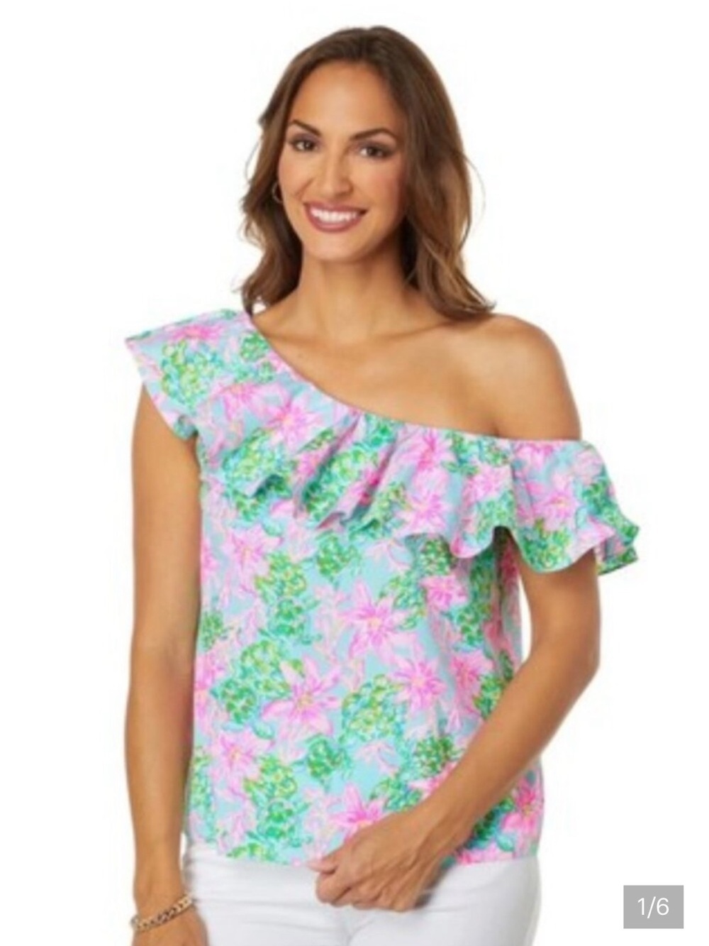 Lilly Pulitzer Zeldie One Shoulder Ruffle Surf Blue So Shellegant Pink Top sz XL
